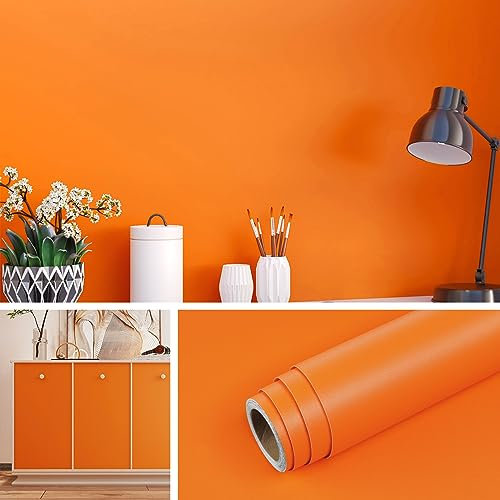 Livelynine Self Adhesive Wallpaper Orange Retro 40CMx5M Stick on Wall Paper Roll for Bedroom Living Room Feature Wall Matt Orange Sticky Back Plastic Vinyl Wrap for Kitchen Cupboards Plain