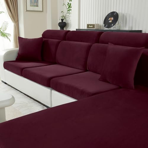 CYCMACO Samt Sitzkissenbezug, Stretch Sofa Sitzkissenbezug rutschfest, Universal Sofa Überzug Wohnzimmer, Elastischer Kissenbezüge, Waschbare(1-Sitzer*2, Weinrot)