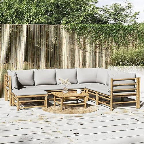 Blukee 8-TLG. Garten-Lounge-Set mit Kissen Hellgrau Bambus Garden Furniture Sets Balkonsofa Gartensofa Loungemöbel Balkon Outdoor Sofa Gartenlounge Outdoor Balkonlounge
