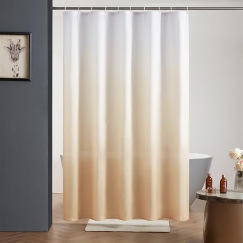 Furlinic Tenda da doccia in tessuto antimuffa, impermeabile, lavabile, in tessuto di poliestere, bianco dopo il marrone crema, sottile, 120 x 200 cm, con 8 anelli per tenda da doccia.