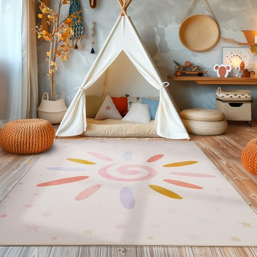 Kinderteppich Teppich Kinderzimmer Sonnen Design Babyzimmer Teppiche Spielteppich für Jungen und Mädchen Teppich Creme Waschbar und rutschfest 140 x 200 cm, Rechteckig