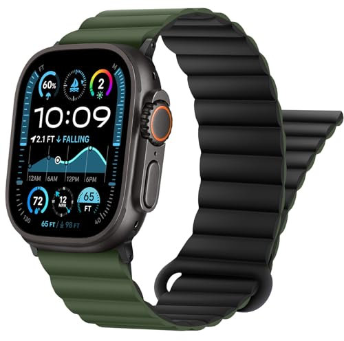 HITZEE Compatible con Correa Apple Watch 49/46/45/44/42/41/40/38mm, Correa Magnética Silicona Usable Doble Cara Compatible para iWatch Ultra 2 Serie 10 9 8 7 SE 6 5 4 (42/44/45/46/49mm, Verde Negro)