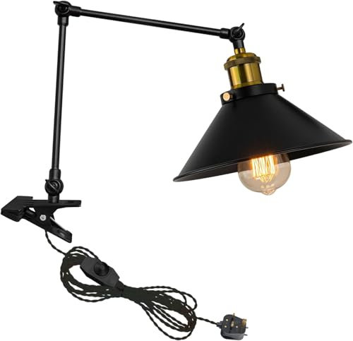 FSLiving Clip on Reading Light, Dimmable Swing Arm Desk Lamp, Industrial Clamp Lamp for Reading Bedside Bookshelf Office(TD0633-B)