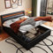 Aoskem Bett 140x200 cm Doppelbett Polsterbett, Bett mit Stauraum Underbett, LED-Kopfteil, Stauraumbett Bettgestell mit Lattenrost, Flachbett Jugendbett, Ohne Matratze, PU-Kunstleder (Schwarz)