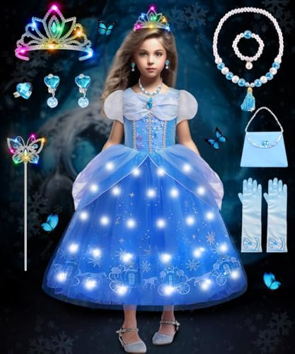 COYBTO Vestito Principessa Bambina, LED Costume Principessa Cenerentola Rapunzel Rosa Bella e la Bestia con Set Corona Principessa Luminoso, Vestito Costume Cenerentola Bella per Carnevale