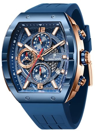 PC PARAS CROWN Uhren Herren Chronograph Quarzuhr mit Japanischem Uhrwerk 5ATM Edelstahl Tonneau-Gehäuse Silikonarmband