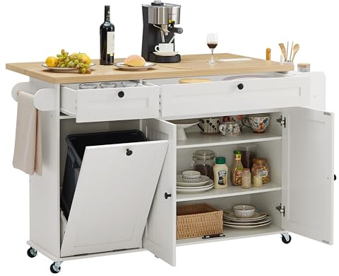 ONBRILL 60 Kitchen Island with Power Outlet & Drop Leaf, Rolling Island with Spice Rack & Towel Rack, Kitchen Island Cart with Trash Storage Cabinet, Island Table for Kitchen, White