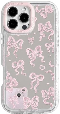NITITOP Compatible with iPhone 16 Pro Max Case Cute Mirror Bow Love Heart Pattern for Women Girls Ribbon Design Shockproof Silver Protective Phone Cover - Light Pink Bow