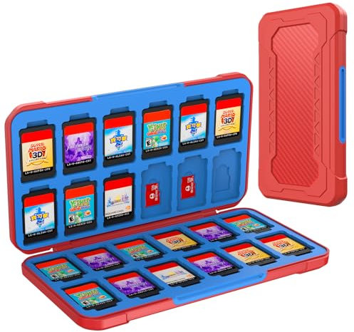 HEIYING Rangement Jeux Switch pour Nintendo Switch 2/Lite/OLED,Support de Stockage de Mémoire en Design en Fibre de Carbone Rouge avec 24 Fentes Carte Jeu et 24 Fentes Carte Micro SD
