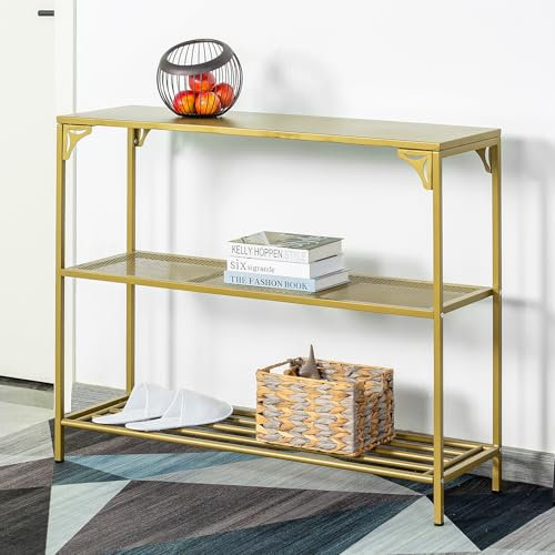 HDANI Table Console,Table d'Appoint,Bout de Canapé e Étroite avec 2 Étagères de Treillis,Rangement Ouvert, pour Salon,Entrée,Couloir 100 x 30 x 80cm,Doré