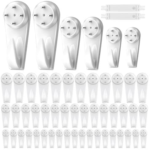70 Pcs White Picture Hanging Kit Non-Trace Picture Hooks for Hard Wall 3 Different Sizes Assorted Picture Hanger with 5 Hook Handrail for Picture Hanger Hook Picture Frame Fixing