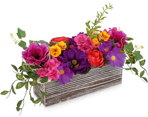 Oairse Artificial Flower Arrangement in Rustic Wooden Box Artificial Flowers in Pot Silk Flowers Centerpiece for Table, Shelf, Home, Office Living Room Decor Farmhouse Faux Floral Display