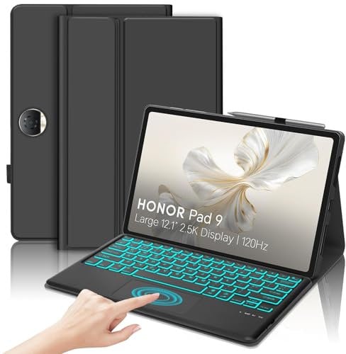 JADEMALL Keyboard Case with Touchpad for Honor Pad 9 12.1, Wireless Detachable Bluetooth Trackpad Keyboard with 7 colors Backlit and Stand Cover for HONOR Pad 9 12.1-inch 2023 Tablet, Black