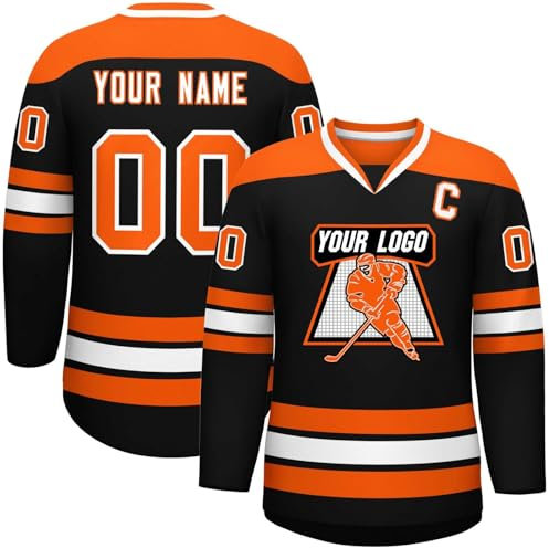 KONG JIMFAN Personalisiertes Hockey Trikot,Eishockey Kostüm Erwachsene Lose Atmungsaktiv Eishockey Trikots mit Eigenem Namen Nummer Logo & Teamname,Teamtrikot für Familien Matching(#A Orange)
