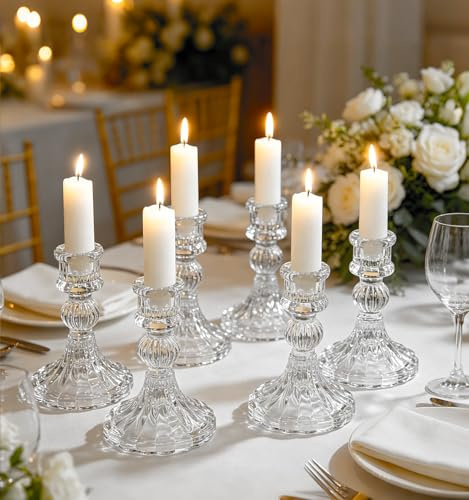 6 Pack Glass Candle Holders, Clear Candle Stick Holders for Candlesticks, 4 H Stripe Crystal Candle Holders Decorative Candle Stand Centerpiece for Wedding, Festival, Dinning Party Table Decor