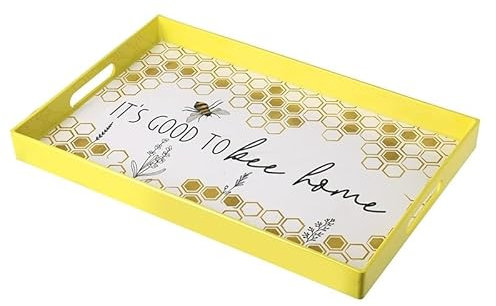 Heaven Sends Good to Bee Home Plastic Serving Tray - Rectangular Yellow Tray with Honeycomb and Bee Design – Lightweight & Durable – Perfect for Home, Kitchen, Outdoor Dining, and Gifting