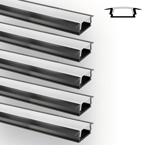 INNOVATE E-12 SLIM LED Einbauprofil 2m Schwarz 5 Stk. 17mm Diffusor Milchig | LED Einbauprofil Aluminium für LED Streifen 2m 12mm I Kühlkörper Indirekte Beleuchtung Wohnzimmer I Alu Einbauprofil Möbel