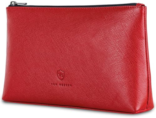 VON HEESEN Echtleder Kosmetiktasche für Damen & Herren - Kulturbeutel aus echtem Leder - Kulturtasche und Waschtasche für Männer und Frauen in elegantem Rot (Saffiano)