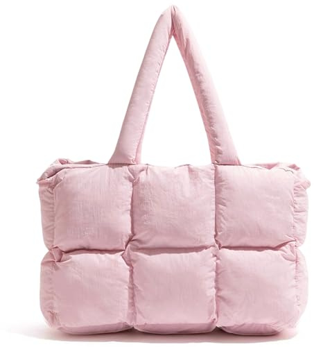 Mabecol Damen Puffer Shopper Tasche Groß, Stylische Quilted Tote Bag Handtasche Schultertasche Umhängetasche, Leicht, Wasserabweisend, Geräumig für Büro, Uni, Reisen, Laptop 15,6 Rosa