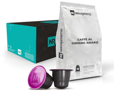 NERORISTRETTO Ginseng Amaro 50 Capsule Compatibili Nespresso®* | Caffè al Ginseng Solubile, Senza Saccarosio, 5 Confezioni da 10, Macchine ad Uso Domestico, Dosaggio Consigliato 40 ml