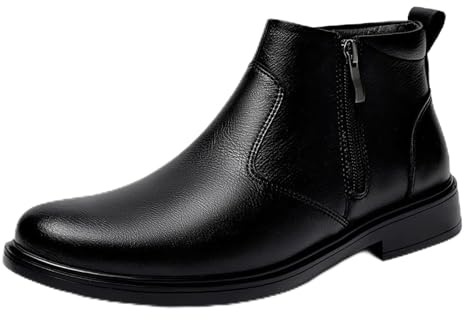 Stivaletti Chelsea da uomo in vera pelle con fodera in pile, cerniera laterale, punta a punta, caldi stivaletti alla caviglia for l'inverno, stile casual da lavoro