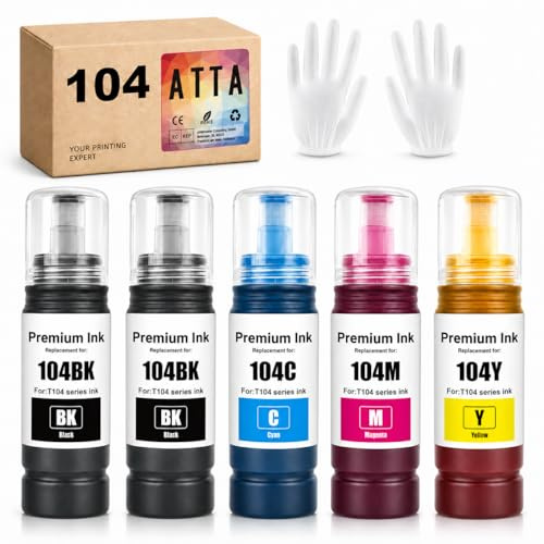 ATTA 104 Tintenflaschen 5er Set kompatibel mit Epson 104 Tinte für ET-1810 ET-2810 ET-2820 ET-2710 ET-2720 ET-4700, 70ml Nachfülltinte 2X Schwarz + C/M/Y