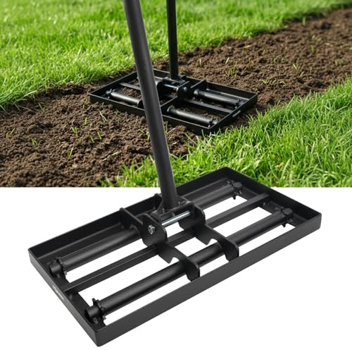 TOOLMAYS RâTeau De Nivellement De Pelouse avec Tête Rouleau 43×30cm | Niveleur Gazon En Acier A3 Antirouille, Manche Long RéGlable 207cm, Rateau Jardin Pour Niveler Terre, Sable Et Pelouses