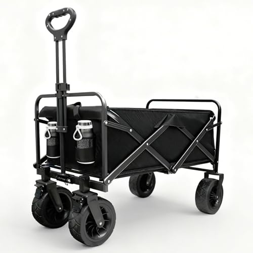 Sanycasa Bollerwagen zusammenziehbar faltbar 200L 100KG Tragkraft Gelände Strand geeingenet Bollerwagen mit Bremsen robuster Verstellbarer Griff mit Transporttasche, Schwarz