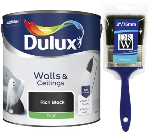 Rich Black Walls & Ceilings Silk Emulsion Paint 2.5L + 3 Emulsion Paint Brush – Smooth Washable Silk Finish, Quick Dry, Low-VOC, Easy Application for Interior Walls & Ceilings