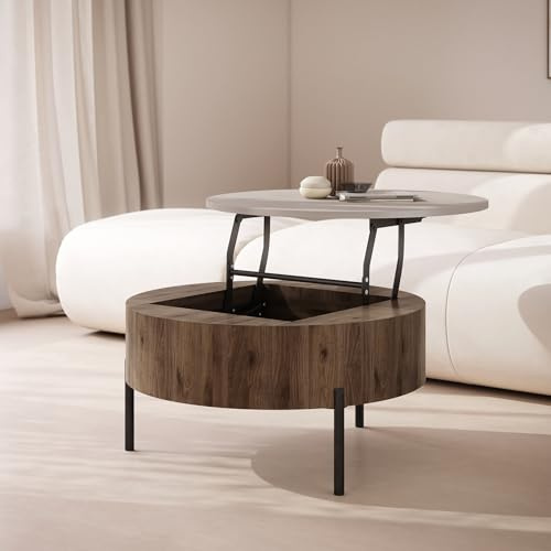 ZAF-1 Couchtisch rund Taupe Beige / Elegenat Nussbaum aufklappbar höhenverstellbar Stauraum modern runder Wohnzimmertisch Esstisch Beistelltisch Sofatisch round platzsparend hochwertig Wohnzimmer