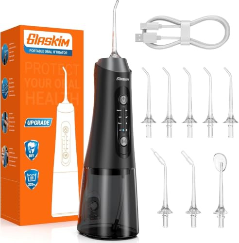 Glaskim Jet Dentaire Hydropulseur et Irrigateurs Oral Water Flossor Noir | Portable avec 4 Modes de Nettoyage, Réservoir 320ML Grande Capacité, IPX7 Etanche, Portable pour Maison & Voyage