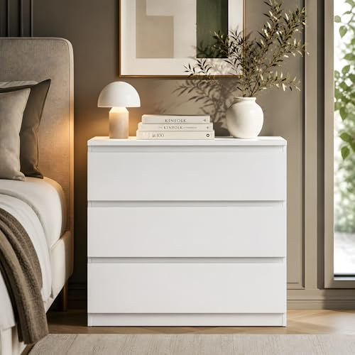 GOKHOMX Cómoda Blanca 3 Cajones sin Tiradores, Cajonera Dormitorio 70 cm Ancho, Aparador Moderno y Mueble de Almacenaje para Pasillo y Recibidor, 40 cm Fondo, Mate
