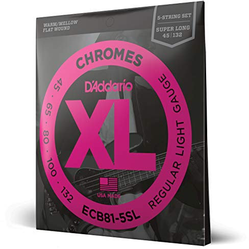Cuerdas D'Addario para guitarra baja, XL Chromes Flat Wound, ECB81-5SL, calibre normal ligero 45-132, escala superlarga, juego de 5 cuerdas, paquete de 1