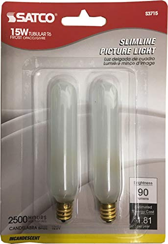 Satco S3715 Blister Pack with Two T6 Candelabra Tubular 15 Watt 120V Incandescent Dimmable Frosted Bulbs; Total of 2 Bulbs; C-5A Filament; E12 ANSI Base; 2700K Warm White