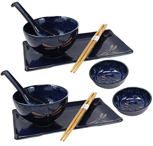 Tombo japonés Sushi vajilla de cerámica diseño de libélulas azul 10pc Set para dos compuesto por pares de sopa de platos de sushi Salsa cuencos palillos cucharas para sopa (gran regalo de
