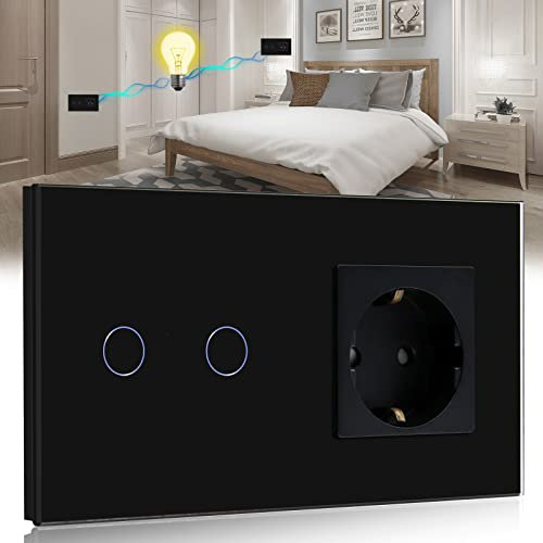 BSEED Interruptor con Enchufe,2 Gang 2 Vías interruptor tactil pared+16A 250V Enchufe de pared,Panel de cristal Interruptor conmutador de superficie,Schuko Enchufe Negro