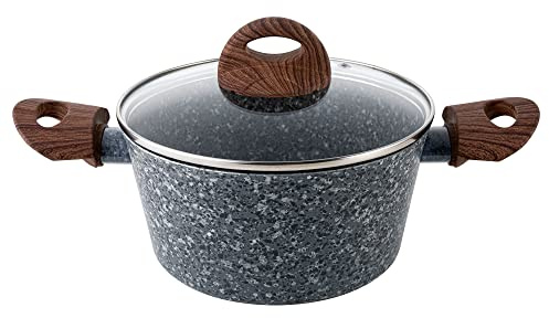 Florina Granite Hohe Kochtopf Induktion 24cm, 4,1 Liter, Aluminium, Glasdeckel, 3 Schichten Antihaft-Granit, PFOA-frei, Griffe aus Holzimitat, Geeignet für alle Herdarten, Glaskeramik, Elektro, Gas
