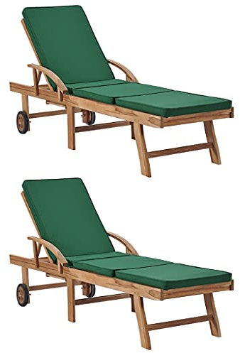 vidaXL 2X Teak Massiv Sonnenliege mit Auflagen 2 Rädern Gartenliege Holzliege Relaxliege Rollenliege Strandliege Liege Gartenmöbel Grün