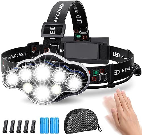 MLIAIMCE Lampe Frontale,Torche Frontale 18000 Lumens 8 LED 8 Modes d'éclairage,Lampe Frontale LED Ultra Puissante Rechargeable USB 90° Réglable Étanche et Léger Pour Pêche,Camping,Lecture,Randonnée