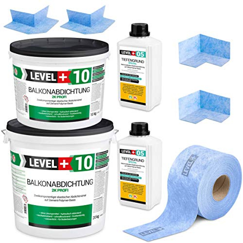 Dicht-Set 30Kg Balkonabdichtung 10m², 2 Innenecken, 2 Außenecke | 15M Dichtband, 2L Tiefengrund mit Wasserglas SET32