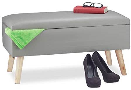 Relaxdays Banco Almacenamiento 40 L, Acolchado, Patas de Madera, Cuero Sintético, 40 x 80 x 39,5 cm, Asiento Baúl, Gris