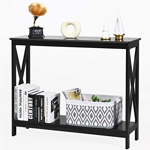 CASART 2/3-Tier Console Table, X-Design Wooden Side End Table with Shelves, Narrow Sofa Table Hall Desk for Living Room Bedroom Entryway (Black, 2-Tier)