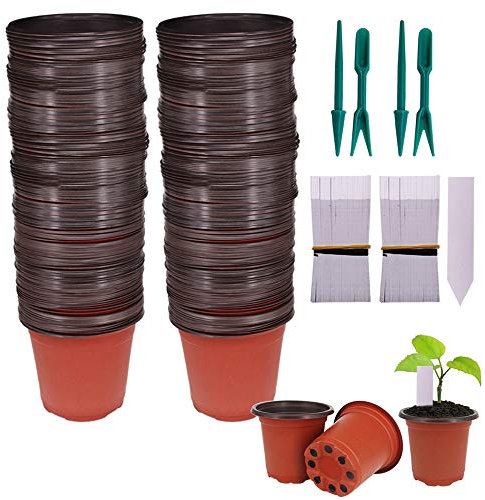 Huvai 200 Pcs 4 (10CM ) Plastic Seedlings Plants Nursery Pots with 200 Pcs Waterproof Plastic Plant Tags and 4 Pcs/ 2 Set Transplanting Digging Mini Tools