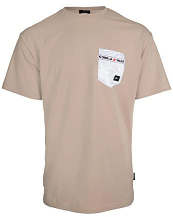Gorilla Wear Dover Oversized T-Shirt - beige - hochwertig aus robustem und dehnbarem Stoff für Bodybuilding und Fitness übergroße Passform Brusttasche, L