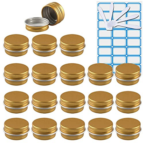 ZEOABSY Pack of 30, Empty 5ml Gold Aluminium Tins with Screw Lids Round Cosmetics Containers Pots Storage Jars for Lip Balm DIY Candle Salve Powder Crafts with 5 Spatula, 2 Labels