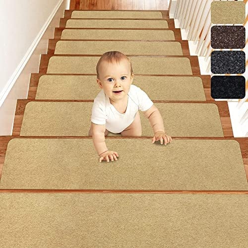 FASCINATDECO 15 Stück Stufenmatten Teppich rutschfeste Stufenteppich Für Holzstufen Indoor 76 X 21 cm Abnehmbare Waschbare Teppichstufe Spezialisiert Für Hunde Kinder Ältere (Beige)