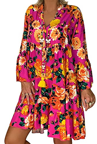 Huttam Robe Chemise Femme Oversize Manches 3/4 Col V Robe Ample Ete Courte Grande Taille Boheme Imprimé Fleur à Volant Robe Tunique Femme Chic Elegant Casual Robe T Shirt Droite Pas Cher (Fushia, XL)