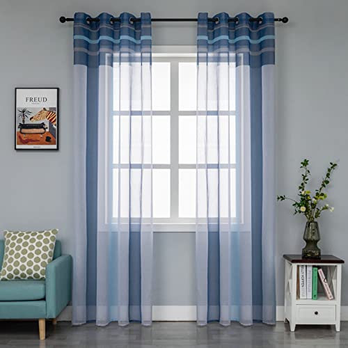 Coppia Tende Voile Semi Trasparenti a Righe Tenda per Soggiorno Camera Cameretta Cucina e Interni 2 Pannelli con Occhielli (140x270cm, Blu+Grigio)