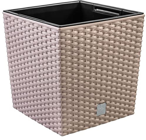 Prime Garden® SquarePot Rattan Blumentopf Topf aus Kunststoff mit Einsatz zum Haus, Garten, Terrasse, Veranda - Quadratisch Wetterresistent Frostbeständig (32 x 32 x 32 cm, Mocca)