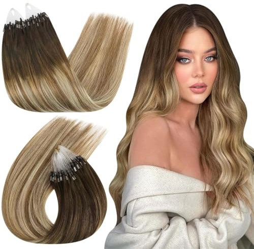 Ugeat Microring Extensions Echthaar 40cm Blond Balayage Glatt Micro Loop Extensions Echthaar Microring Braun Ombre Blond Haarverlängerung Micro 50g 50 Strähnchen #4/6/613
